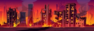 Free Vector | City in fire, war destroy burning broken buildings