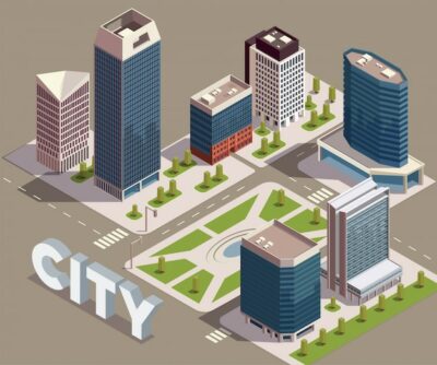 Free Vector | City skyscrapers isometric composition with view of city block with modern tall buildings streets and text vector illustration