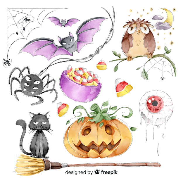 Free Vector | Collection of halloween cute elements in watercolor style