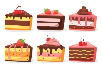 Free Vector | Collection of tasty cake slices with frosting and cream with fruit topping drawing style for graphic designer vector illustration