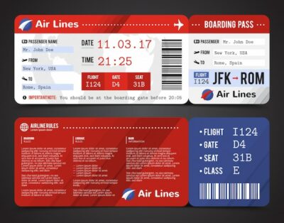 Free Vector | Colored and realistic boarding pass design composition with name of airline time and name on ticket