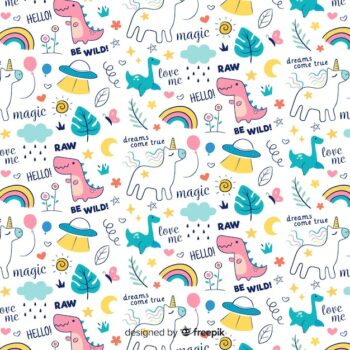 Free Vector | Colorful doodle animals and words pattern