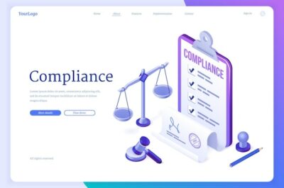 Free Vector | Compliance isometric landing page, concept of business policy documents for law legal regulation quality and procedures with document scales, gavel, seal stamp and pencil, 3d vector web banner