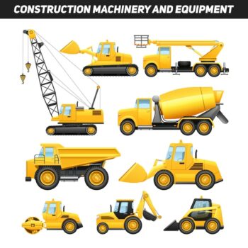 Free Vector | Construction equipment and machinery with trucks crane and bulldozer