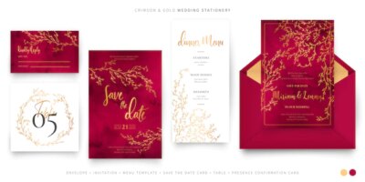 Free Vector | Crimson and gold elegant wedding set