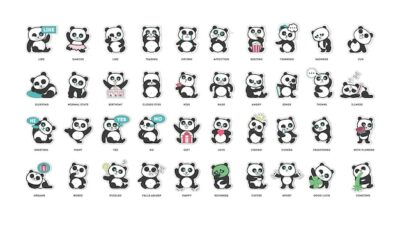 Free Vector | Cute panda stickers collection in different poses different moods vector illustration