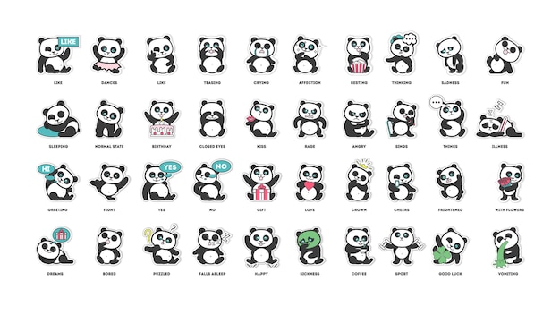 Free Vector | Cute panda stickers collection in different poses different moods vector illustration
