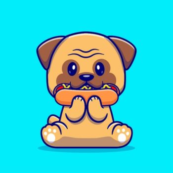 Free Vector | Cute puk dog eating hot dog cartoon vector icon illustration. animal food icon concept isolated premium vector. flat cartoon style