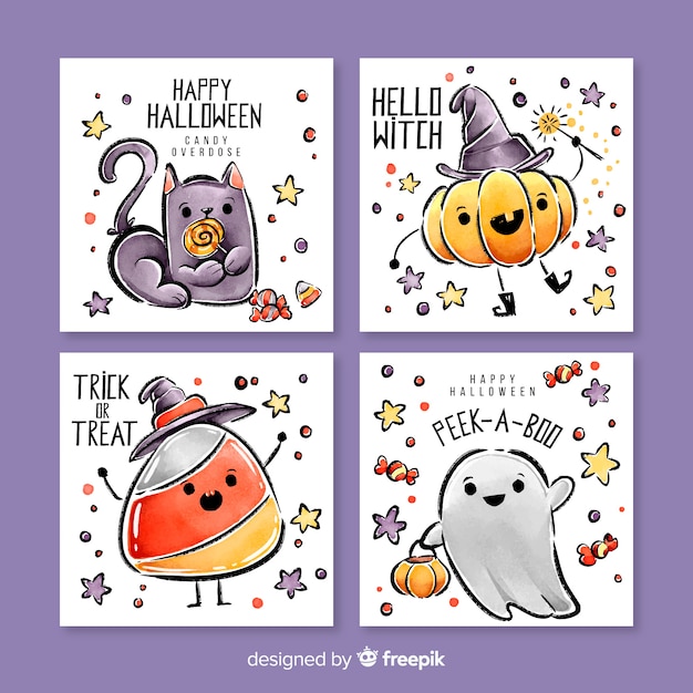 Free Vector | Cute watercolor halloween card collection