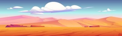 Free Vector | Desert landscape with golden sand dunes and stones under blue cloudy sky. hot dry deserted african or mexican nature background with yellow sandy hills parallax scene, cartoon vector illustration