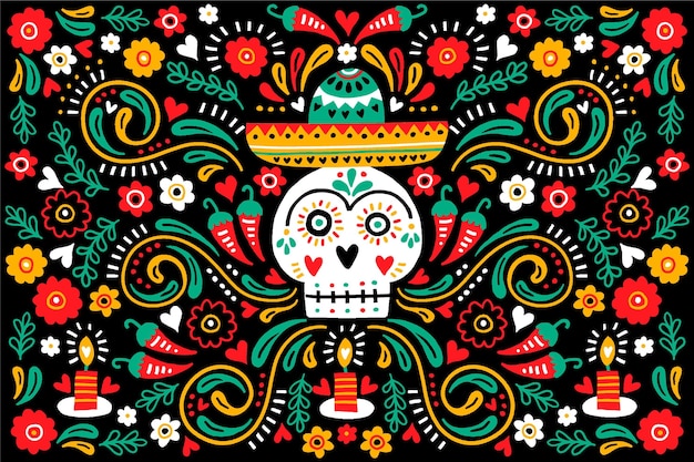 Free Vector | Dia de muertos front view skull with sombrero background