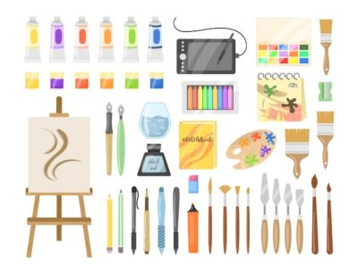 Free Vector | Different art supplies vector illustrations set. tools and equipment for painting and drawing: paint tubes, brushes, pencils, watercolor isolated on white background. art, craft, creativity concept