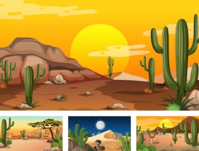 Free Vector | Different desert forest landscape scenes with animals and plants