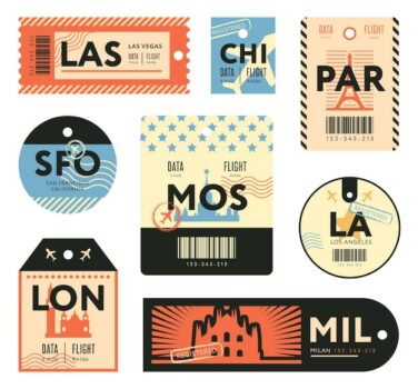 Free Vector | Different retro tickets for travelers flat stamps set. colorful baggage tags and luggage airplane stickers vector illustration collection. trip and design template