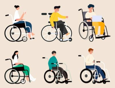 Free Vector | Disabilities people with variety of activities on wheelchair, use smartphone or working on laptop in cartoon character