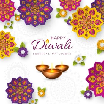 Free Vector | Diwali festival holiday design with paper cut style of indian rangoli, flowers and diya - oil lamp. white color background, vector illustration.