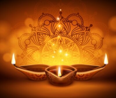 Free Vector | Diwali lanterns realistic background with candles and blurred lights