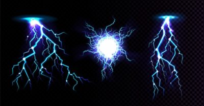 Free Vector | Electric ball and lightning strike, impact place, plasma sphere or magical energy flash in blue color isolated on black background. powerful electrical discharge, realistic 3d illustration