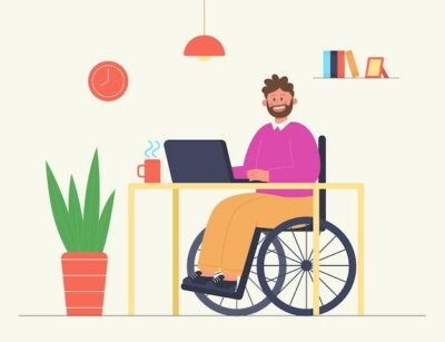 Free Vector | Employee sitting in wheelchair and working at home or in office. accessibility of online work for people with disabilities flat vector illustration. disability, employment, human resources concept