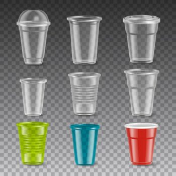 Free Vector | Empty disposable colorful plastic glasses with and without lids realistic set isolated on transparent background  illustration