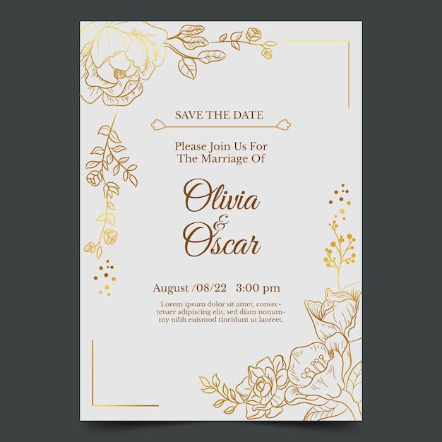 Free Vector | Engraving hand drawn golden wedding invitation template