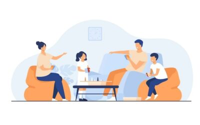 Free Vector | Family home activities concept. happy boy and girl with parents playing board games with cards and dices in living room. for entertainment, togetherness, having together topics