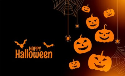 Free Vector | Flat happy halloween card with pumpkins and spiders
