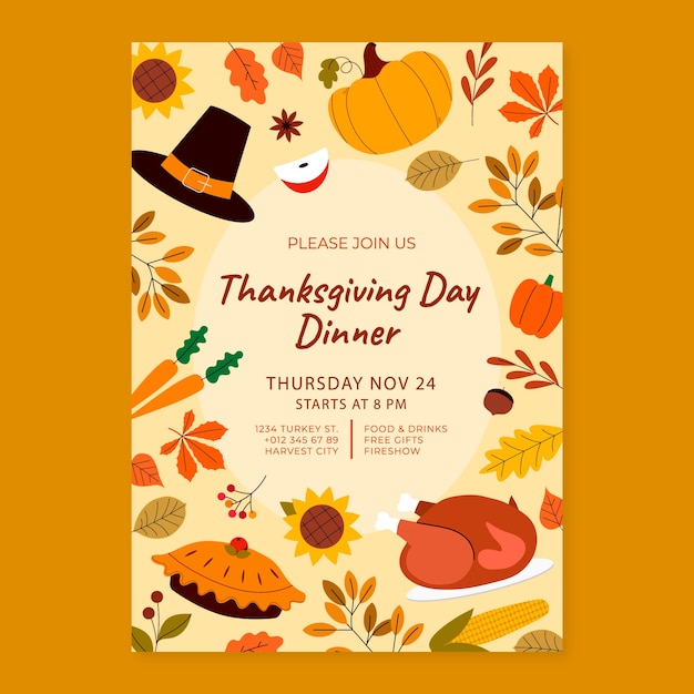 Free Vector | Flat thanksgiving celebration invitation template