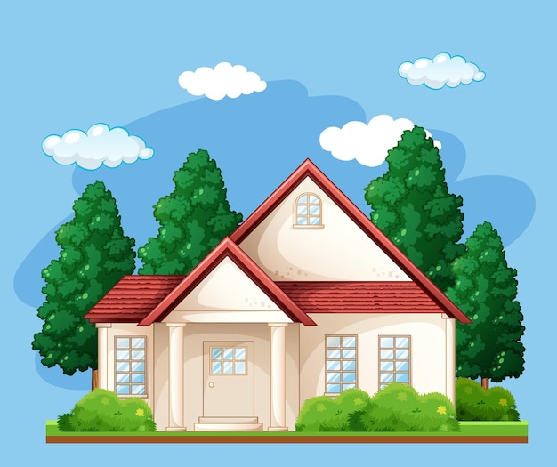 Free Vector | Front of a house with many tree on blue background