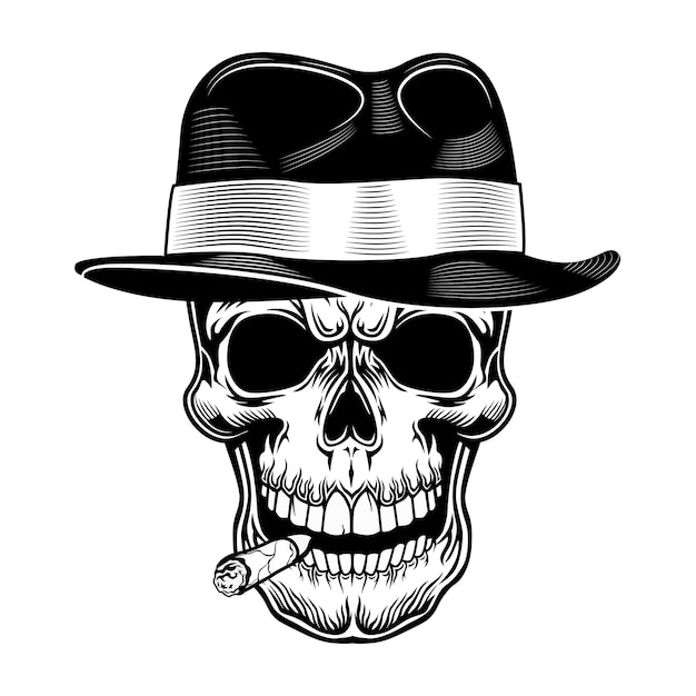 Free Vector | Gangster skull vector illustration. head of skeleton in hat with cigar in mouth. criminal and mafia concept for gang emblems or tattoo templates