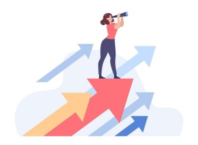 Free Vector | Girl standing on growing arrows and looking through binoculars. woman searching for opportunity or job flat vector illustration. business strategy, goal, pathway, career concept