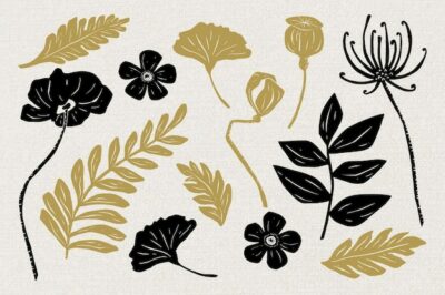 Free Vector | Gold black flowers vector floral clipart set