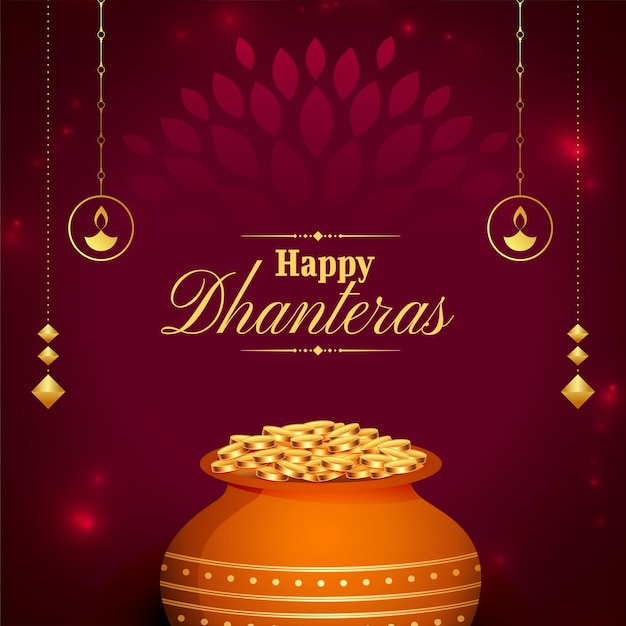 Free Vector | Golden coin in kalash event background for happy dhanteras celebration