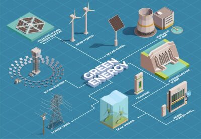 Free Vector | Green energy production transportation consumption isometric flowchart with solar panels hydroelectric plant home power wall