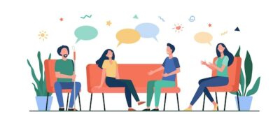 Free Vector | Group therapy concept. people meeting and talking, discussing problems, giving and getting support. vector illustration for counselling, addiction, psychologist job, support session concept.