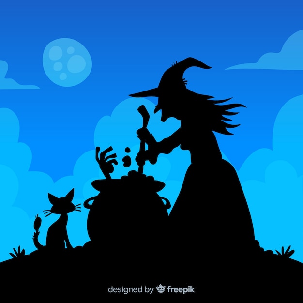 Free Vector | Halloween background with witch silhouette