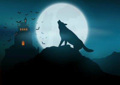 Free Vector | Halloween background with wolf howling at the moon