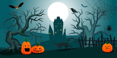 Free Vector | Halloween night spooky landscape with scary trees black cat pumpkins old castle and full moon in background flat vector illustration