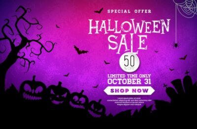 Free Vector | Halloween sale banner illustration with spooky pumpkins cemetery and flying bats on mystery violet b...