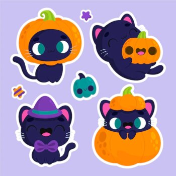 Free Vector | Halloween stickers cute cat and pumpkin