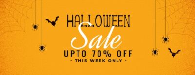 Free Vector | Halloween yellow sale banner with spider and cobweb