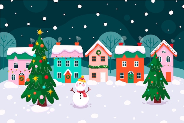 Free Vector | Hand drawn flat christmas village illustration