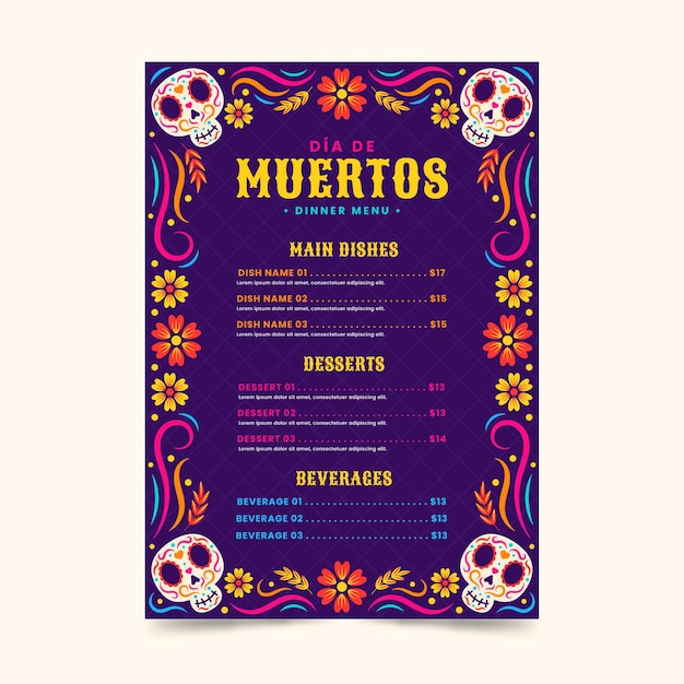 Free Vector | Hand drawn flat dia de muertos vertical menu template