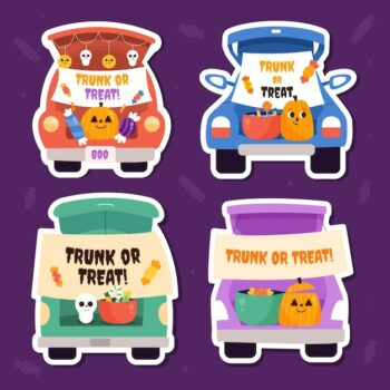 Free Vector | Hand drawn flat trunk or treat badges collection