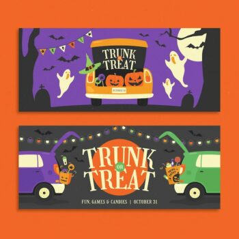 Free Vector | Hand drawn flat trunk or treat banners set