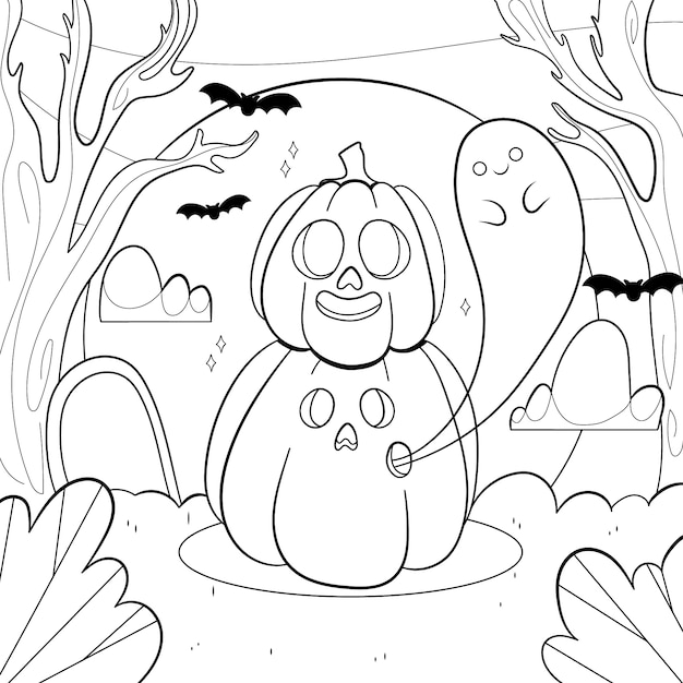 Free Vector | Hand drawn halloween coloring page illustration