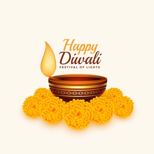 Free Vector | Happy diwali card with diya and marigold flower