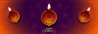 Free Vector | Happy diwali long banner with beautiful colors and diya