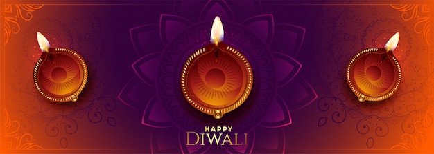 Free Vector | Happy diwali long banner with beautiful colors and diya