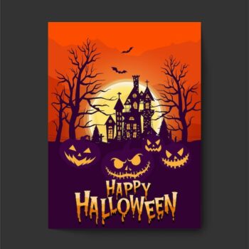 Free Vector | Happy halloween or party invitation background with night clouds and scary castle.